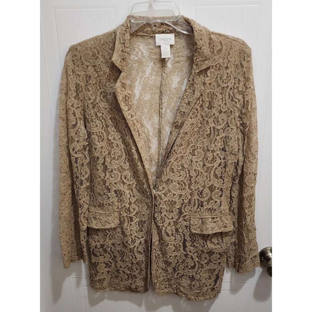 Chico's Women's Long‎ Sleeve Full Lace Blazer Jacket 1 Button Beige Size 0 (S)